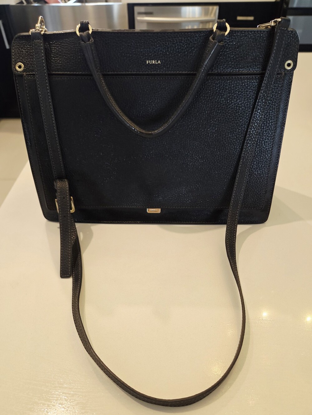 Furla Black Pebbled Leather Satchel with Removable Strap